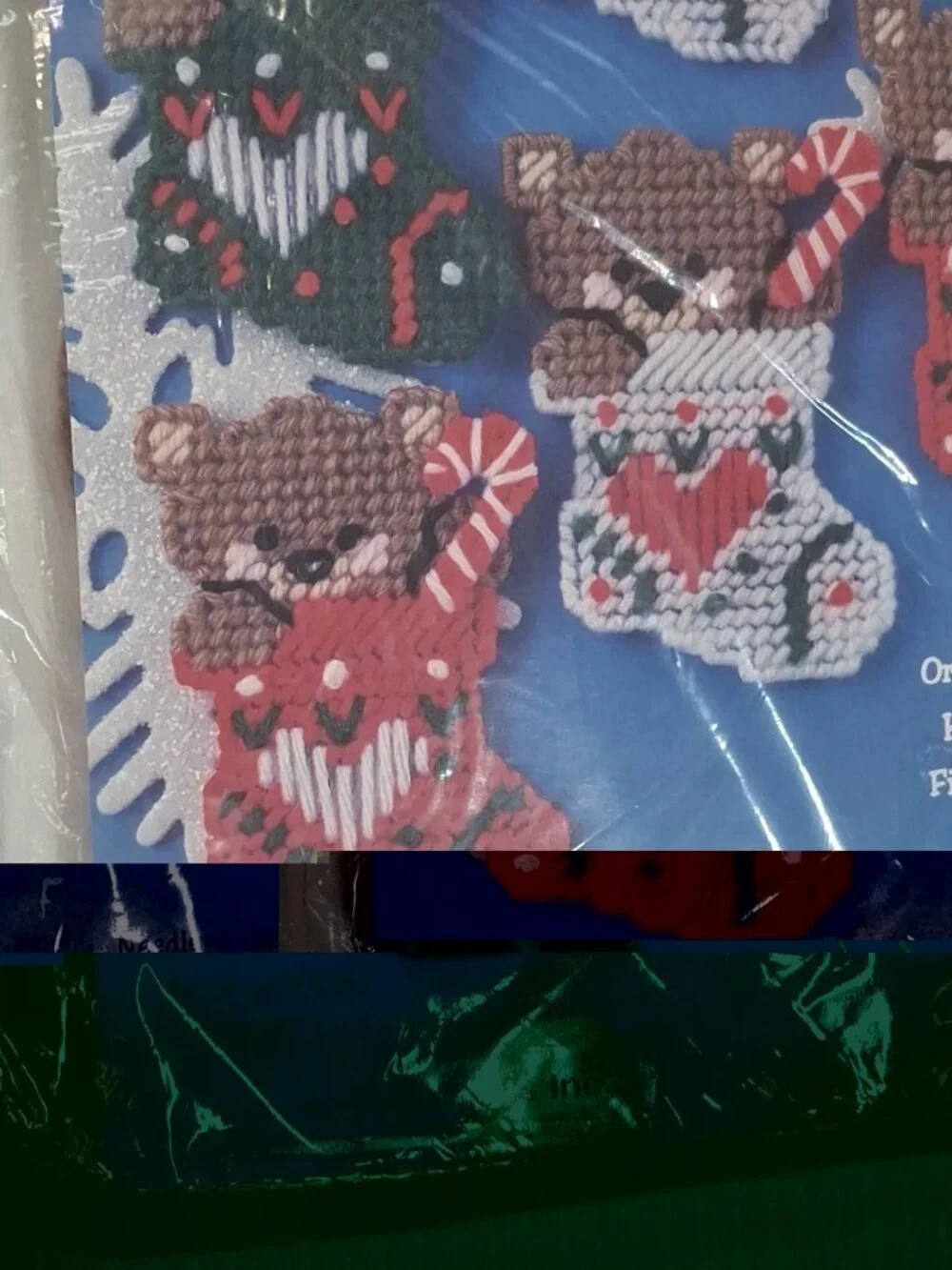 Vtg Plastic Canvas Ornament Kit 4 Patterns NMI #1225 -Bears In Stockings -NOS